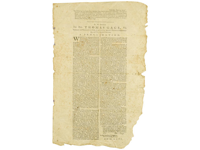 REVOLUTIONARY WAR BROADSIDE. [WARREN, JOSEPH?] The following is a Copy of an Infamous Thing handed about here Yesterday, and now reprinted to satisfy the Curiosity of the Public. As it is replete with consummate Impudence, the most abominable Lies, and stuffed with daring Expressions of Tyranny, as well as Rebellion against the established, constitutional Authority of the AMERICAN STATES, no one will hesitate in pronouncing it be the genuine Production of that perfidious, petty Tyrant, Thomas Gage. [Watertown, MA: Benjamin Edes, June 14, 1775.]