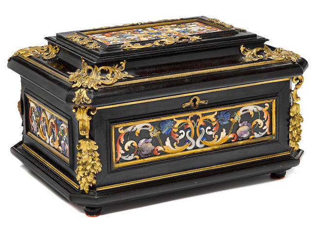 An important Italian Baroque relief pietra dura and gilt bronze mounted ebony jewel casket  Grand Ducal Workshops, Florence early 18th century