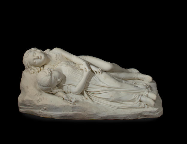 A white marble sculpture: "The Babes in the Wood" by Thomas Crawford (American, circa 1813-1857) dated 1854