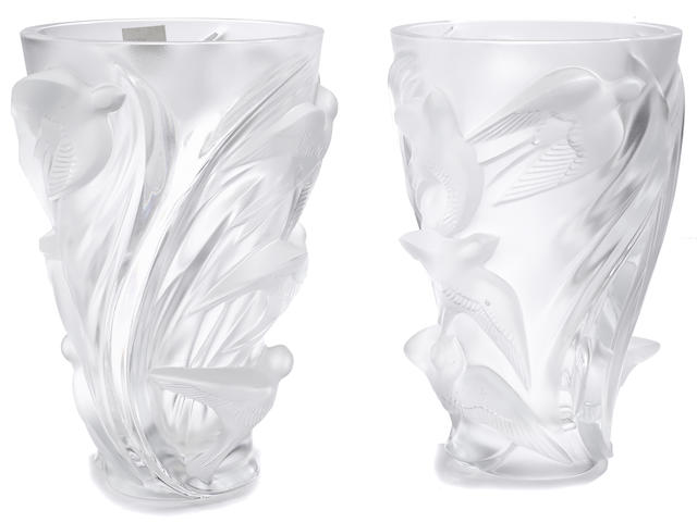 Two Lalique molded frosted glass Martinets vases