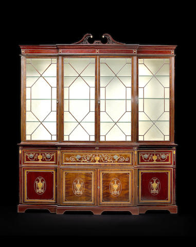 A good quality George III style inlaid mahogany breakfront secretary bookcaseEdwards and Robertslate 19th century