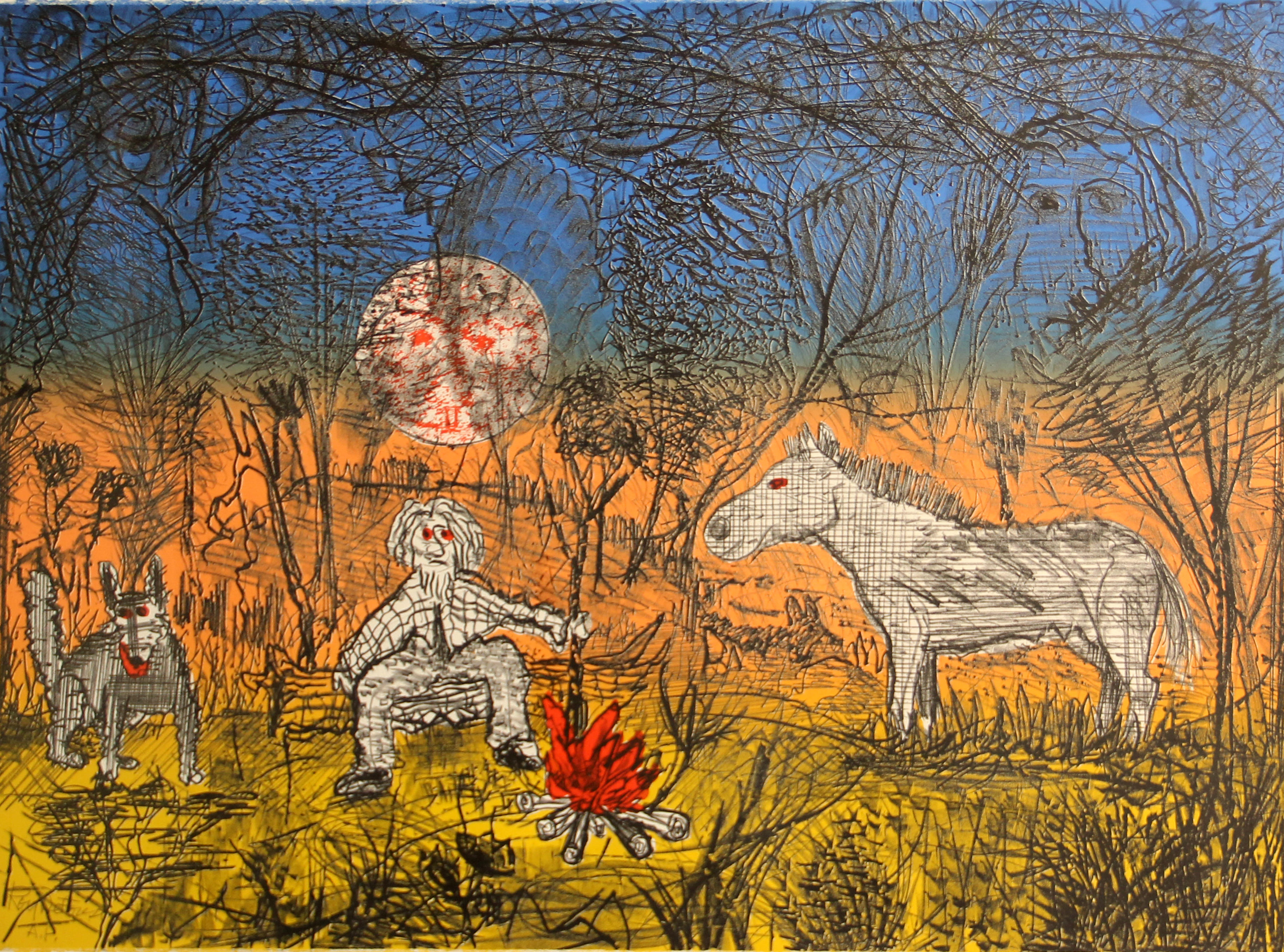 Camping with Dog and Horse Roy De Forest Lithograph on Arches sign Untitled 