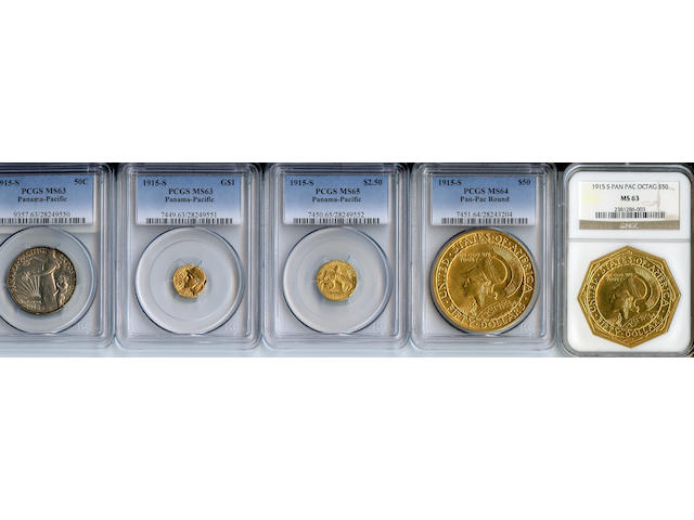 Five Piece Panama-Pacific Commemorative Gold Set with Copper Frame of Issue