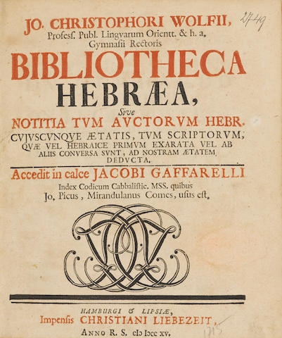 WOLF, JOHANN CHRISTOPH. 1638-1739. Bibliotheca Hebraea, sive notitia tum auctorum  Hamburg & Liepzig:  Christian Liebezeit; Theodore Christoph Felginer, 1715, 1721, 1727, 1733.