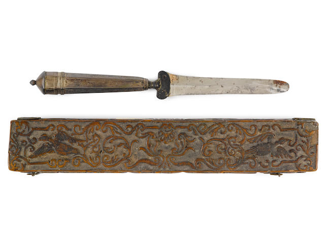 A Polish (Galician) brit milah (circumcision) set knife, 1794; wooden engraved case 1793 the box completely hand-carved of sandalwood;