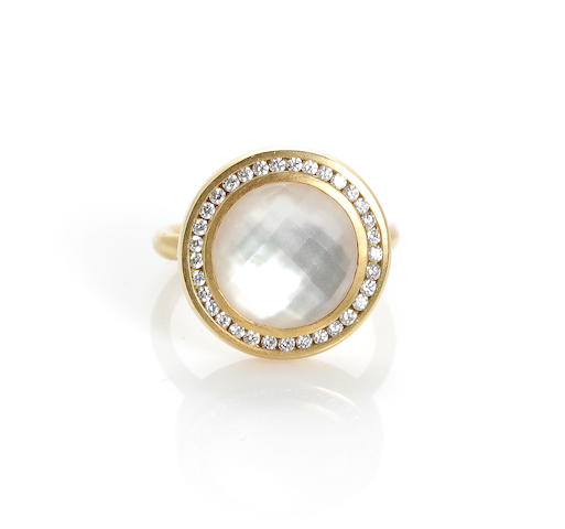 A mother-of-pearl, rock crystal and diamond ring
