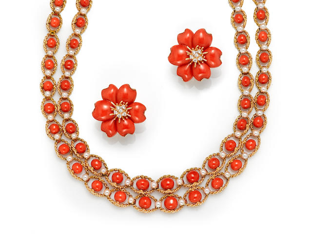 A coral and cultured pearl double-strand necklace, French, together with a pair of coral and diamond flower earrings