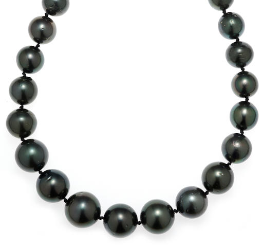 A colored South Sea cultured pearl and diamond necklace