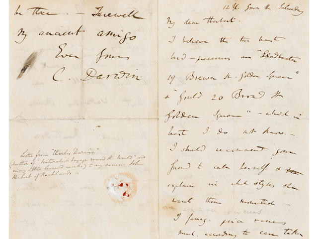 DARWIN, CHARLES. 1809-1882. Autograph Letter Signed ("C. Darwin"),