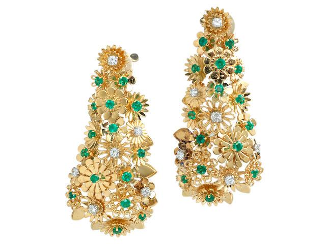 A pair of diamond and emerald earrings, Cartier, French