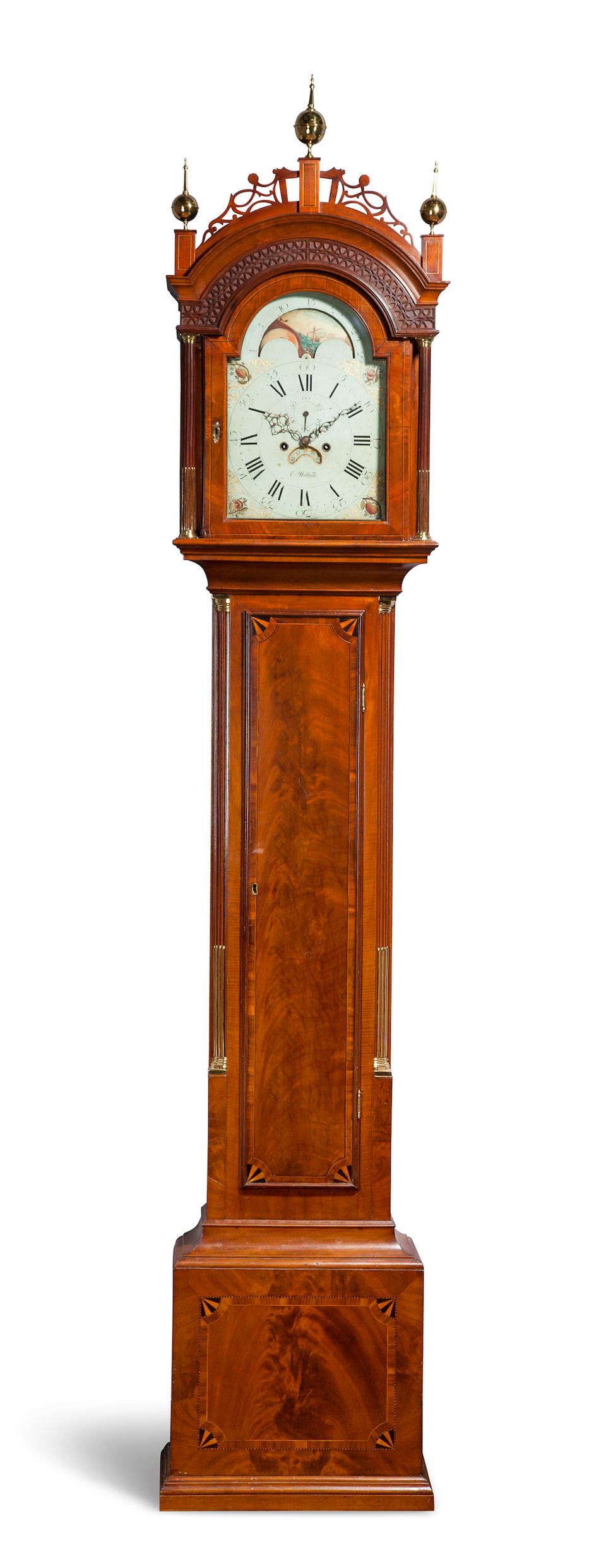 An important Federal inlaid mahogany longcase clock the movement by Ephraim Willard, Roxbury,  with dial painted by John Ritto Penniman1790's