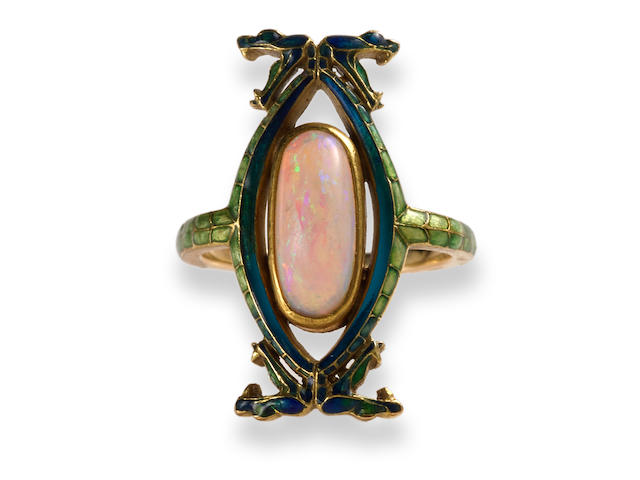 An arts & crafts opal and enamel serpent motif ring,