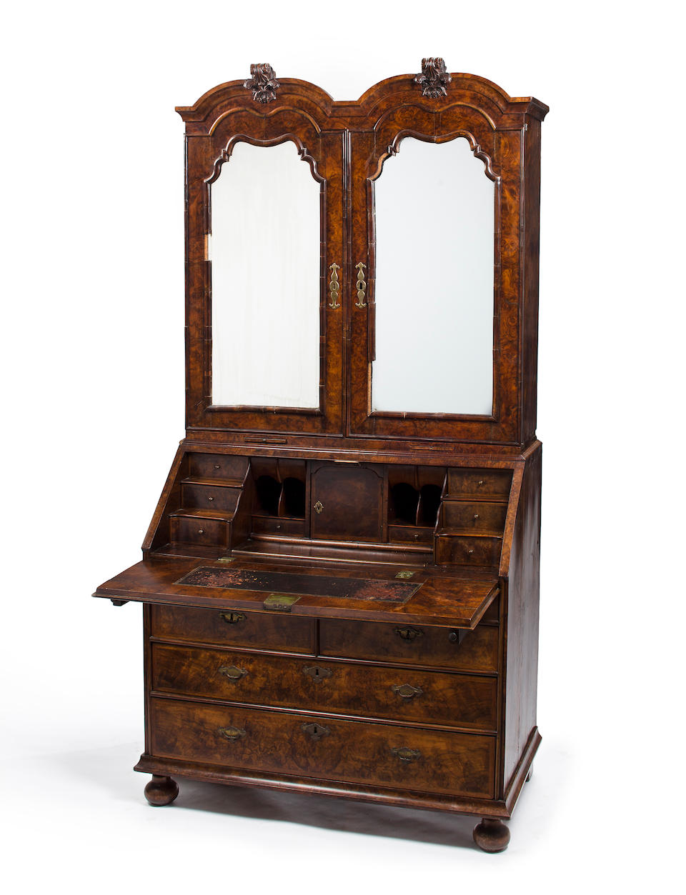 A George I burl walnut bureau bookcase second quarter 18th century