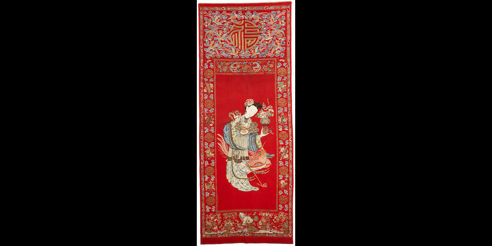 A massive polychrome and gilt embroidered red wool hanging panel Qing dynasty