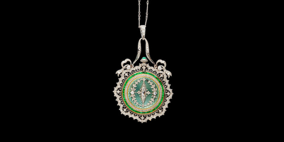Patek Philippe. A rare and very fine enameled 18K gold pendant watch set with emeralds and diamonds and a chainCase No.26xx76, Movement No.160591, circa 1912