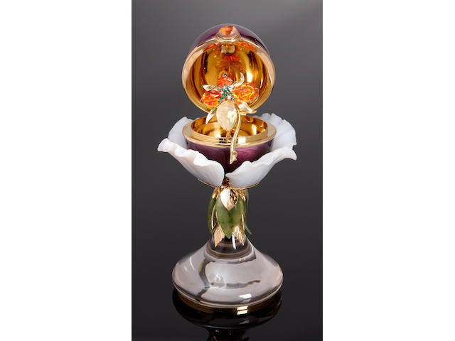 Enamel and Gemstone Egg Creation with Mexican Fire Opal Brooch in the Interior--"The Mexican Orchid"