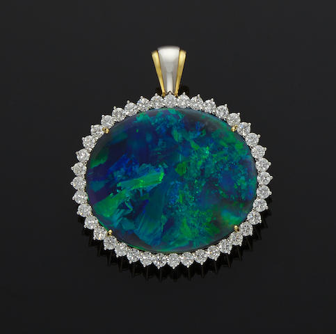 Bonhams : Stunning Black Opal and Diamond Pendant--