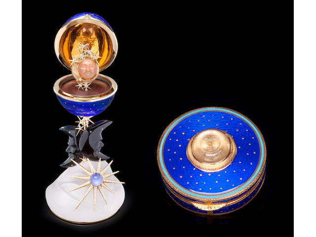 "The Moon and Stars Suite":  including a Blue Enamel Egg Creation, an Enameled Box, a Pair of Moonstone Earclips, a Pendant and Two Diamond and Gemset Brooches