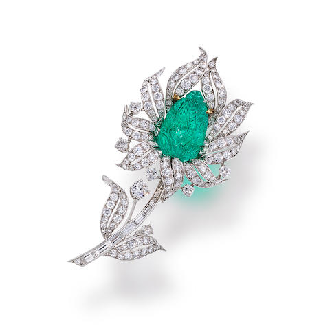 Bonhams : An emerald and diamond brooch, Van Cleef & Arpels special order