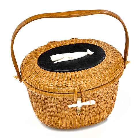 A Nantucket oval lidded basket purse made by Jose Formosa Reyes, dated 1968