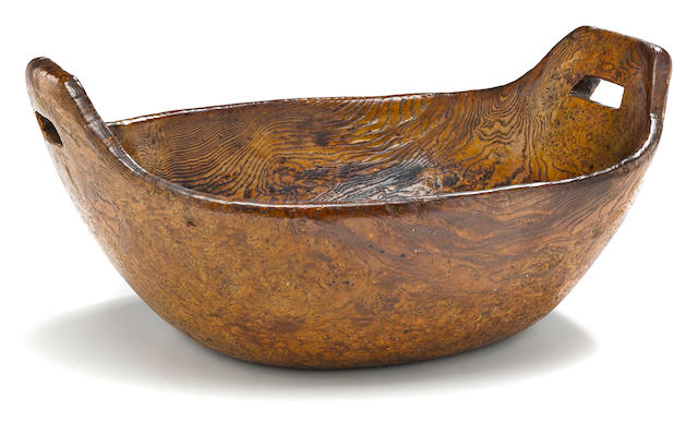 A two-handled oval burlwood bowl probably American, 18th century