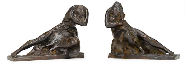 A pair of patinated bronze figural bookends: a mother and child and a bearded male figureafter models by Robert Ingersoll Aitken (American, 1878-1949)first half 20th century