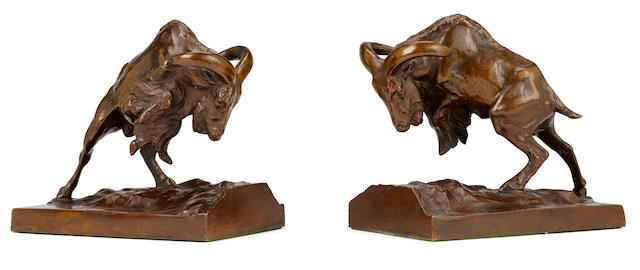 Two patinated bronze figural bookends: charging mountain goats after a model by Anna Hyatt Huntington (American, 1876-1973) first half 20th century
