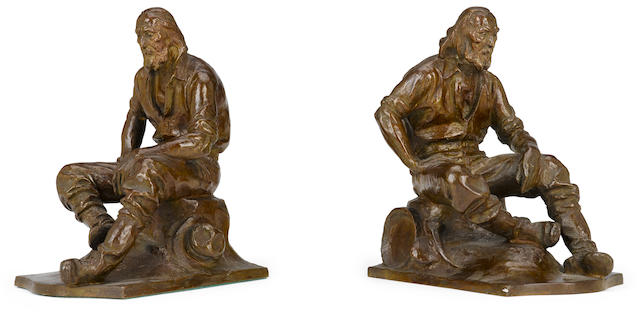 Two patinated bronze figural bookends: gold prospectors after a model by Max Kalish (American, 1891-1945) second quarter 20th century