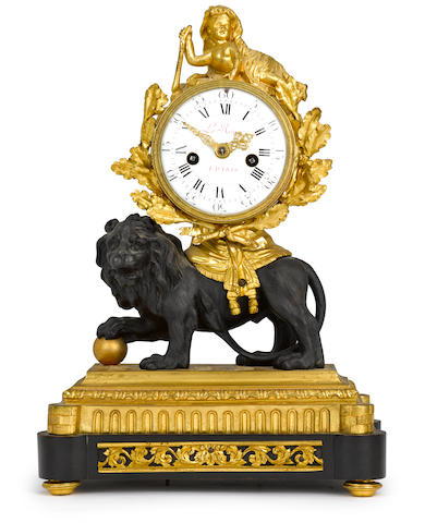 A fine Louis XVI black marble, patinated and gilt bronze mantel clock depicting the infant Hercules and the Nemean Lion the case attributed to Marie-Joseph Cottin, the dial signed Ledoux A Parisfourth quarter 18th century