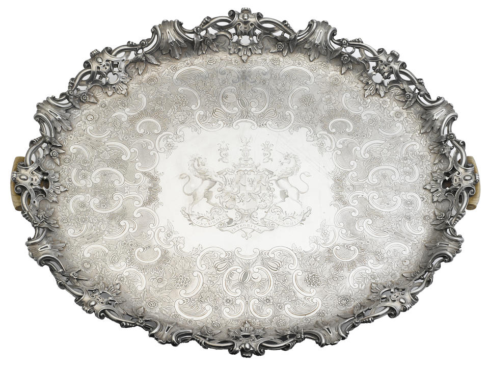 A William IV ivory-mounted sterling silver two-handled oval footed tray by Robert Garrard II, London, 1836