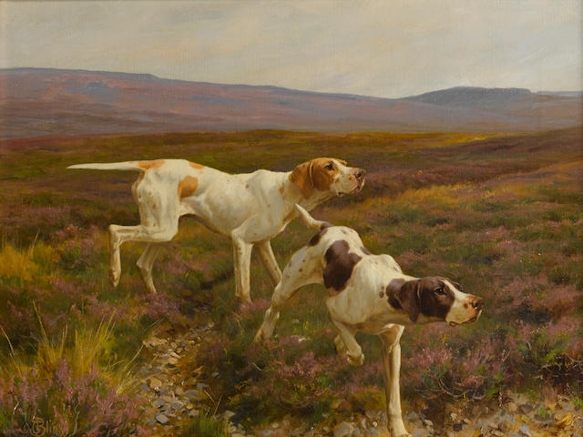 Thomas Blinks (British, 1860-1912) English Pointers in a landscape 14 x 18in. (35.6 x 45.8cm.)