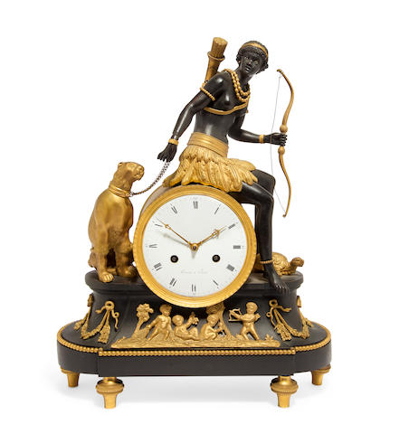 A fine Directoire patinated and gilt bronze allegorical mantel clock "au bon sauvage" with figure personifying Africa the dial signed Terrien &#224; Parisfirst quarter 19th century