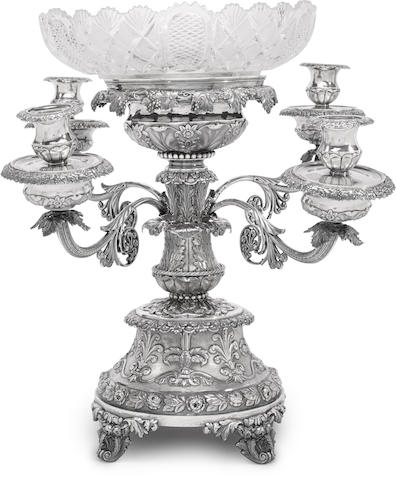 A George IV sterling silver  four-arm epergne centerpiece by Rebecca Emes & Edward Barnard, London, 1824