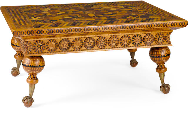 A rare and exceptional American folk marquetry low table late 19th century
