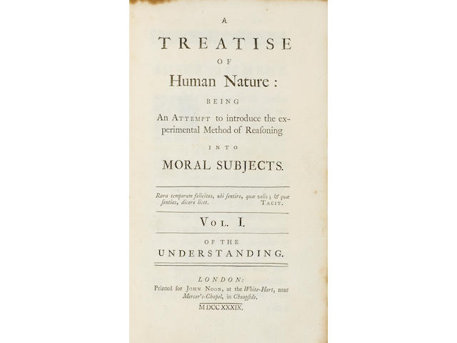 [HUME, DAVID. 1711-1776.] A Treatise of Human Nature: Being an Attempt to Introduce the Experimental Method of Reasoning into Moral Subjects. Vol I [-II]. London: John Noon, 1739.
