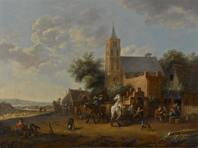 Barend Gael (Haarlem circa 1635-1698) A village church and tavern with figures  17 1/2 x 23 1/4in (44.4 x 59cm)