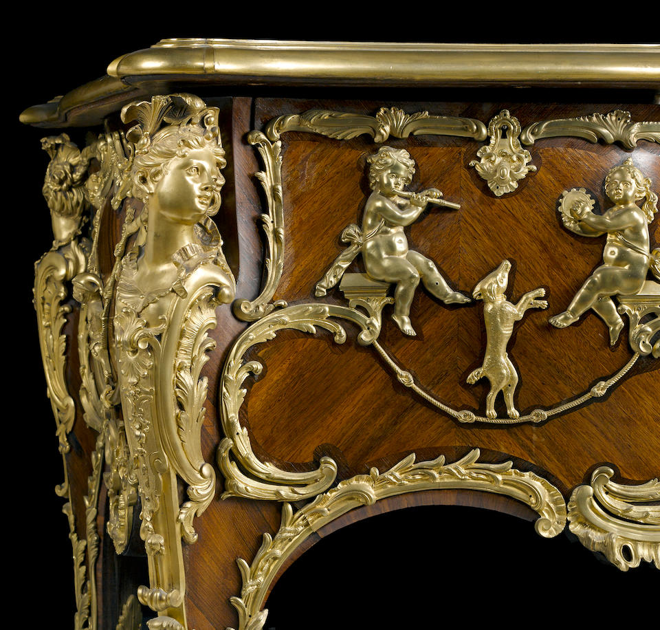 A fine Louis XV style gilt bronze mounted kingwood and mahogany bureau plat after Charles CressentFran&#231;ois Linke or Antoine Kriegerlate 19th century