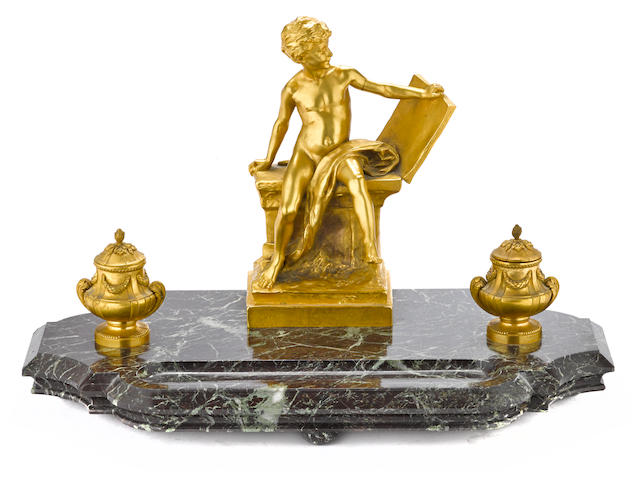 A French gilt bronze mounted vert maurin marble figural encrier cast after a model by Louis Ernest Barrias (French, 1841&#8211;1905) and Jean Pierre Rambaud (1852-1893) Susse Fr&#232;res Foundry, Parislate 19th century