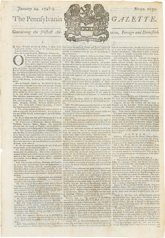 Bonhams Franklin Benjamin Printer The Pennsylvania Gazette Containing The Freshest Advices Foreign And Domestick Philadelphia Printed By B Franklin And D Hall January 24 1749 No 1050