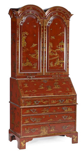 A George I style parcel gilt chinoiserie and scarlet lacquered secretary bookcaseBurton-Ching20th century