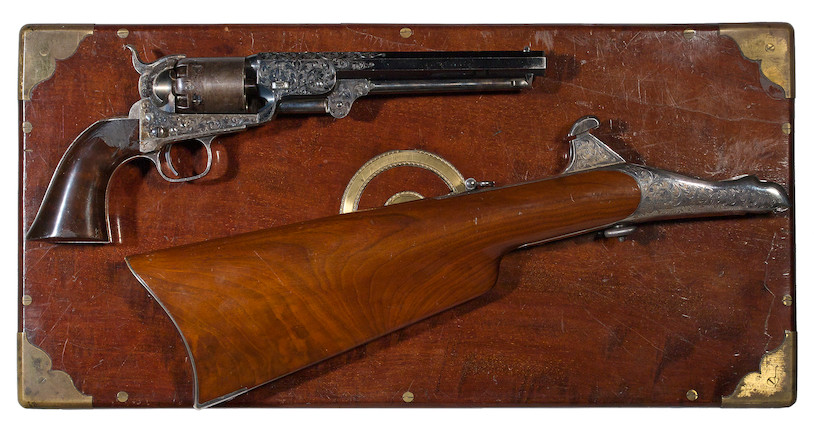 An engraved Colt Model 1851 Navy percussion revolver with shoulder stock in deluxe casing image 3