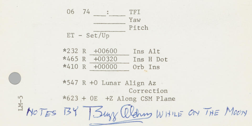 FLOWN APOLLO 11 LUNAR SURFACE CHECKLIST SHEET HAVING ONE OF THE MOST EXTENSIVE SETS OF NOTATIONS MADE WHILE ON THE MOON.  BOTH SIDES HAVE CRITICAL DATA RECORDED ON THE MOON TO ENABLE ARMSTRONG AND ALDRIN TO LEAVE THE LUNAR SURFACE.
