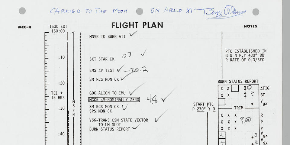 APOLLO 11 FLIGHT PLAN SHEET CARRIED ON AND USED DURING THE MISSION. EXTENSIVE NOTES MADE BY ARMSTRONG TO REFINE THEIR TRAJECTORY HOME.