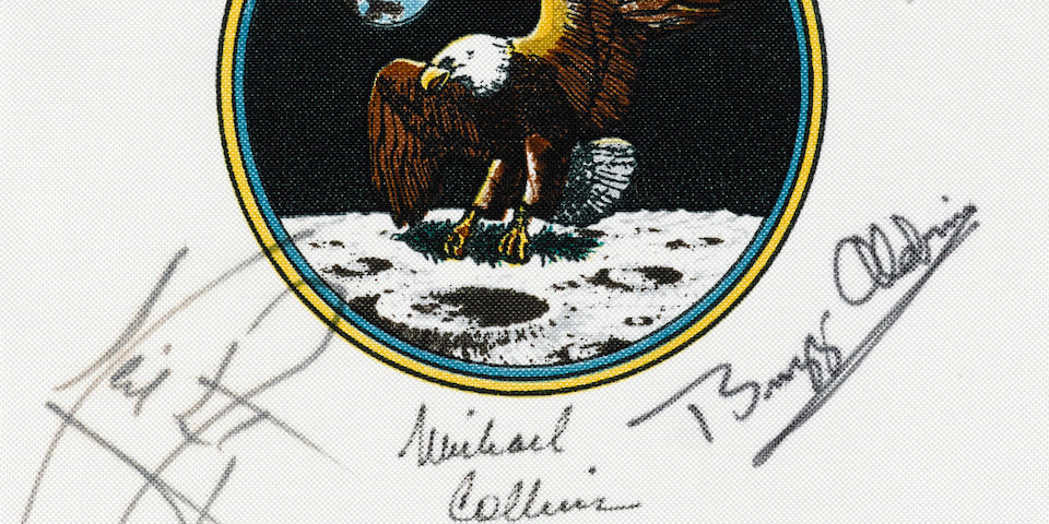 COLLINS' FLOWN CREW-SIGNED APOLLO 11 EMBLEM. A RARE FLOWN ARMSTRONG-SIGNED MISSION ARTIFACT.