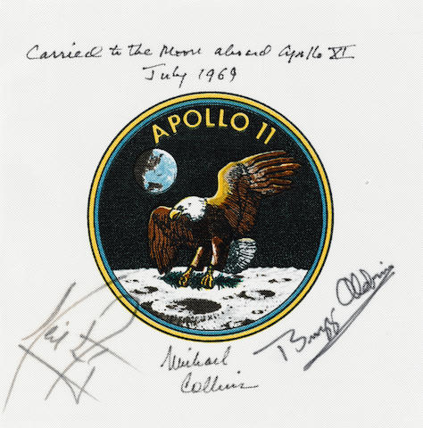 COLLINS' FLOWN CREW-SIGNED APOLLO 11 EMBLEM. A RARE FLOWN ARMSTRONG-SIGNED MISSION ARTIFACT.