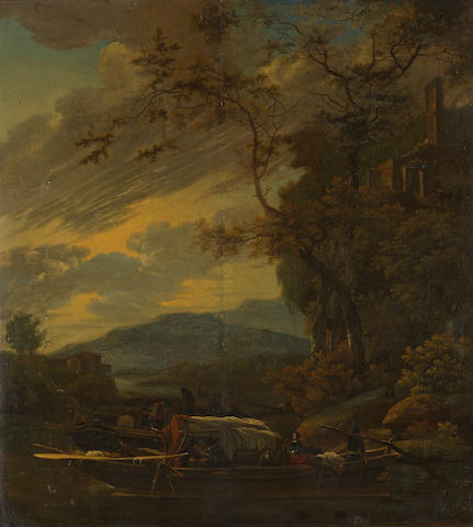 Jan Gabrielsz. Sonje (Delft circa 1625-1707 Rotterdam) A landscape with travellers on the river in the foreground  20 3/4 x 19in (52.7 x 48.3cm)