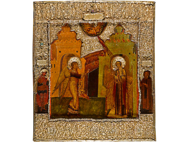 Icon of the Annunciation, with Saint Christopher and Saint Aleksander SvirskiiRussia, Yaroslavl, 1625-1650, oklad 1650-1700