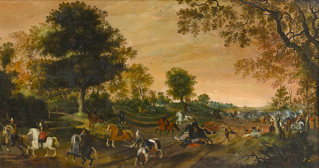 Circle of Sebastian Vrancx (Flemish, 1573-1647) An extensive landscape with a battle in the distance and officers fleeing in the foreground 41 x 77 1/4in (104.1 x 196.2cm)