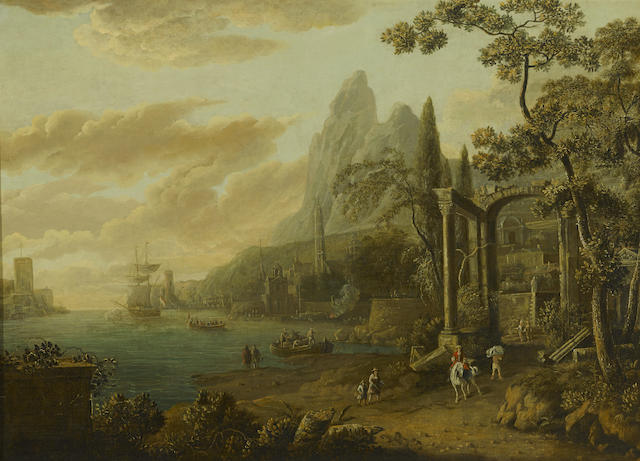 Flemish School, 18th Century A capriccio harbor view with a coastal city and classical ruins in the foreground 34 1/2 x 48in (87.6 x 122cm)