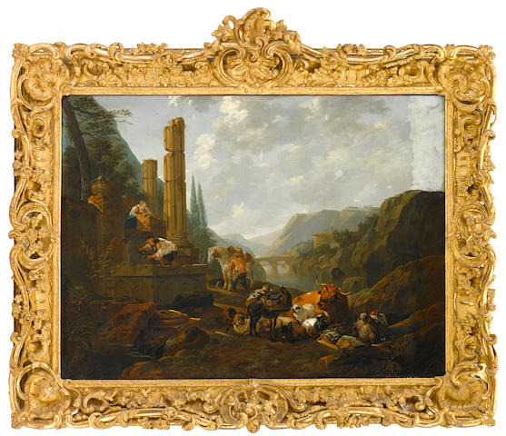 Johann Heinrich Roos (Otterberg 1631-1685 Frankfurt-am-Main) Travellers with their livestock resting amid classical ruins 39 x 53in (99 x 134.6cm)